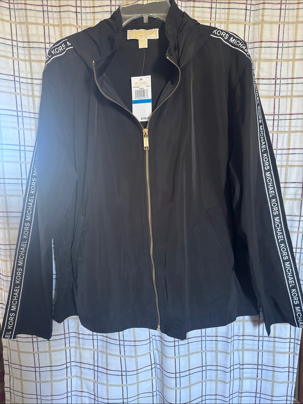 Michael Kors Black Bomber Jacket with Logo Tape Sleeves